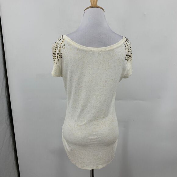 Cache Blouse Women S Small Ivory Gold Studded Embellished Scoop Neck Ruched Side - Picture 6 of 11